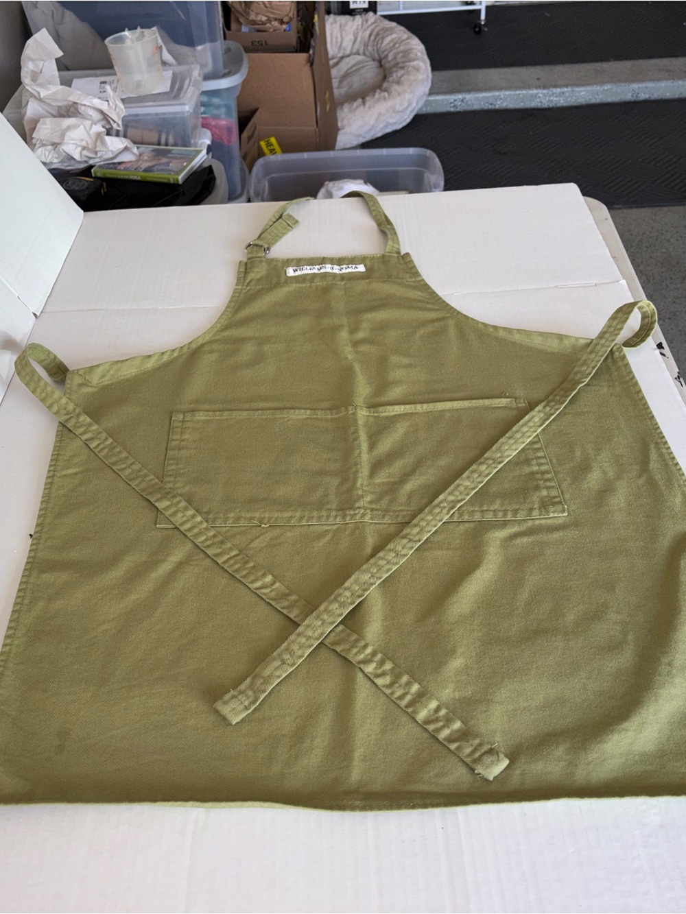Williams Sonoma Olive Green Cotton Apron with Front Pockets